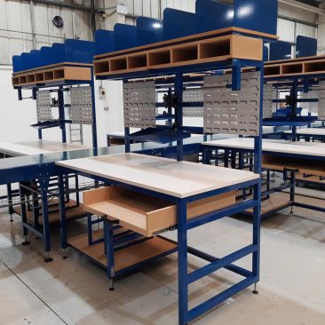 these packing benches are part of the packing conveyor system