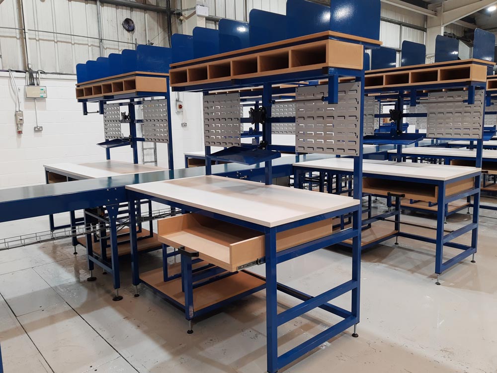 these packing benches are part of the packing conveyor system